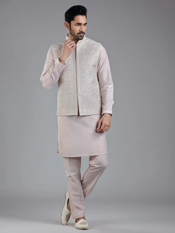 Striking light pink waistcoat set for wedding charm