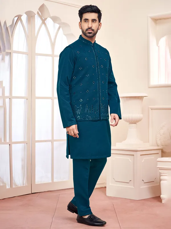 Striking rama blue waistcoat set for men