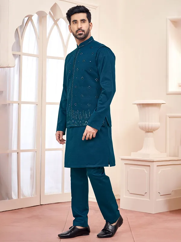Striking rama blue waistcoat set for men
