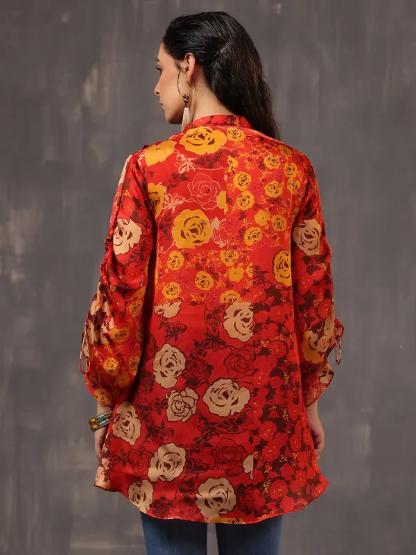 Striking red printed silk top for casuals