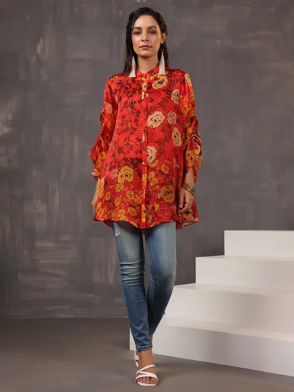 Striking red printed silk top for casuals