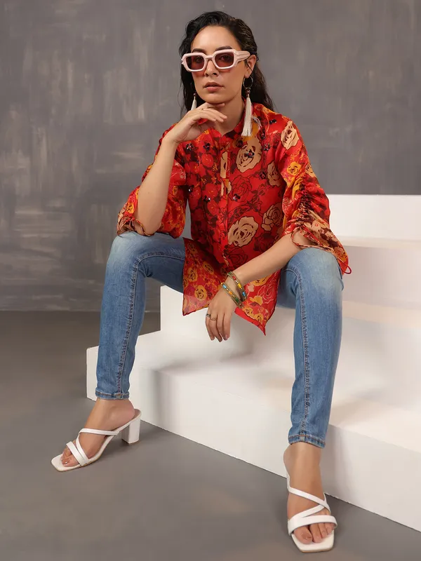 Striking red printed silk top for casuals