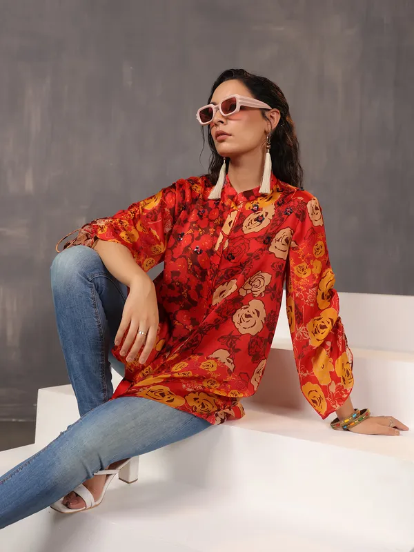 Striking red printed silk top for casuals
