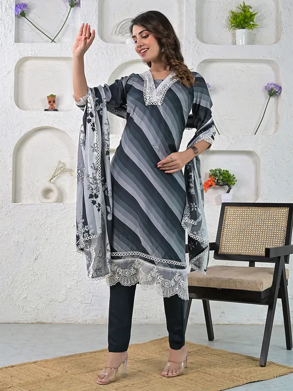 Stripe black and grey cotton kurti set