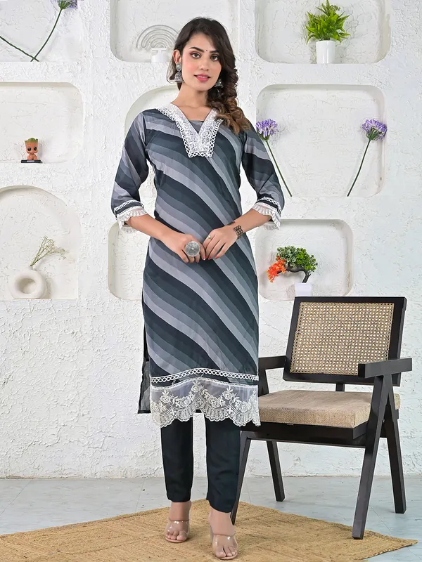 Stripe black and grey cotton kurti set