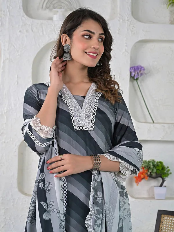 Stripe black and grey cotton kurti set