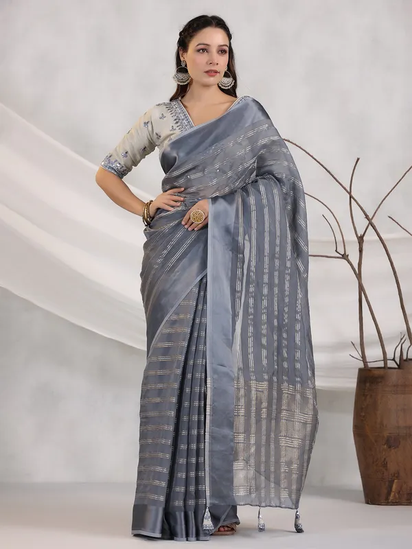 Stripe dark grey organza saree