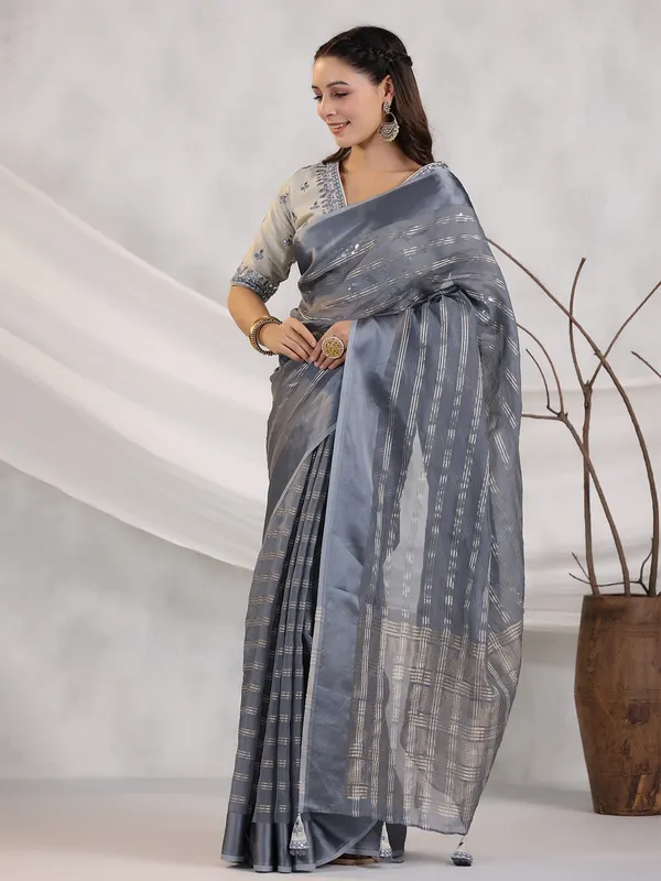 Stripe dark grey organza saree