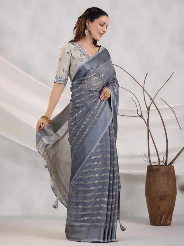 Stripe dark grey organza saree