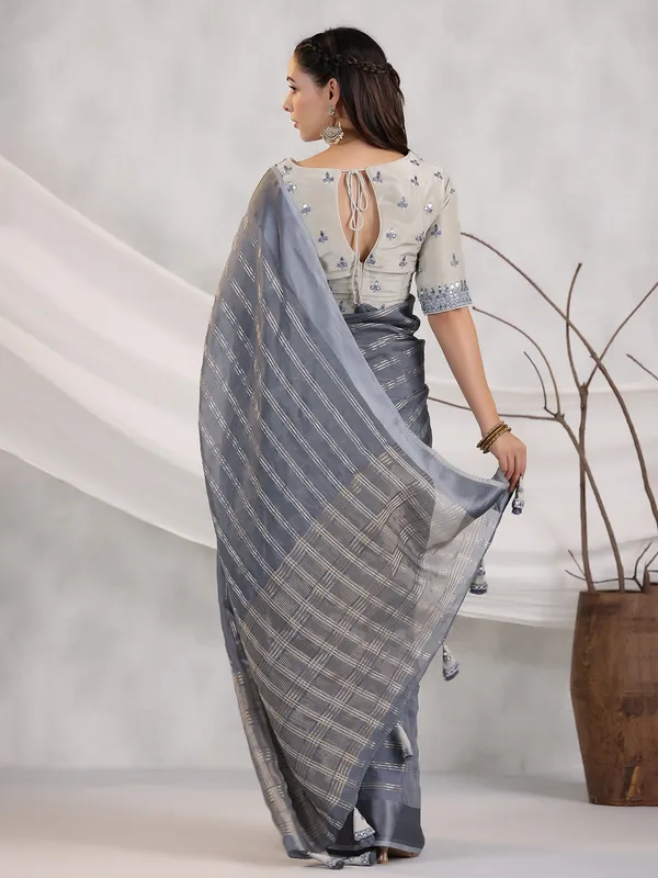 Stripe dark grey organza saree