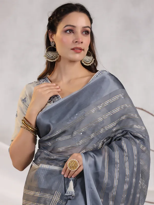 Stripe dark grey organza saree
