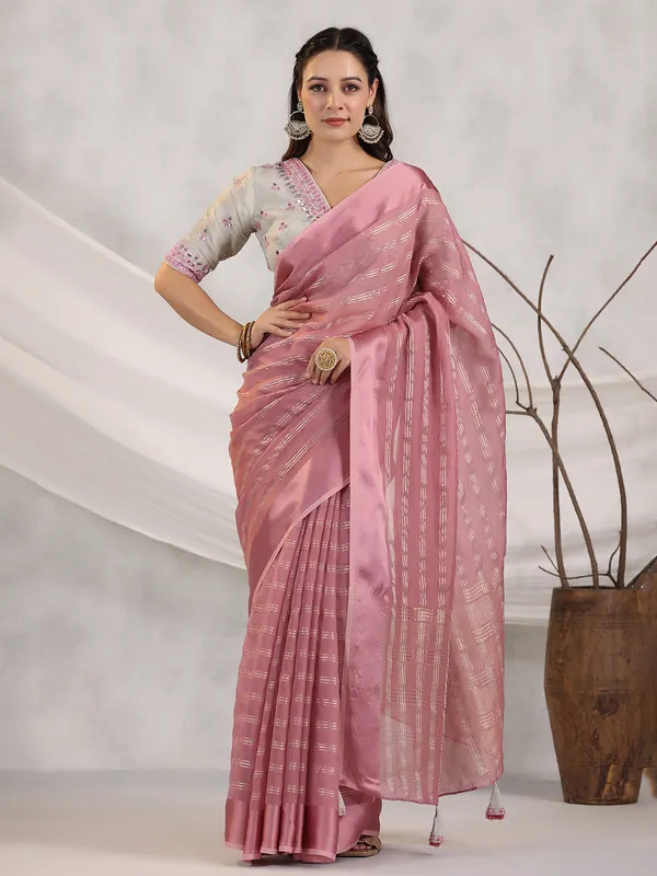 Stripe organza mauve pink saree