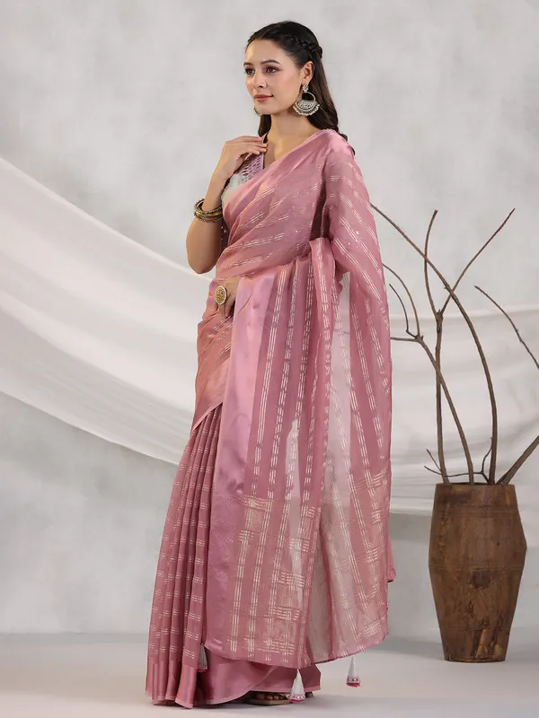 Stripe organza mauve pink saree