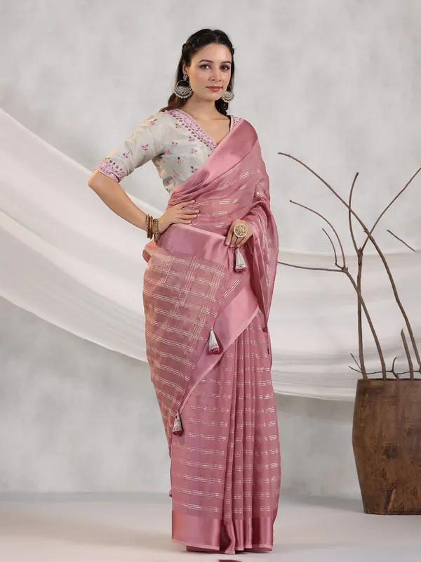 Stripe organza mauve pink saree
