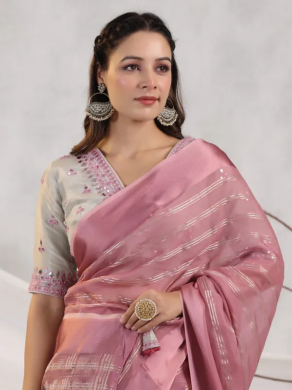 Stripe organza mauve pink saree