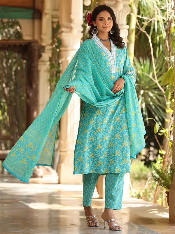 Stunning aqua cotton printed kurti set