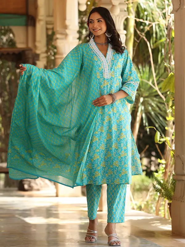 Stunning aqua cotton printed kurti set