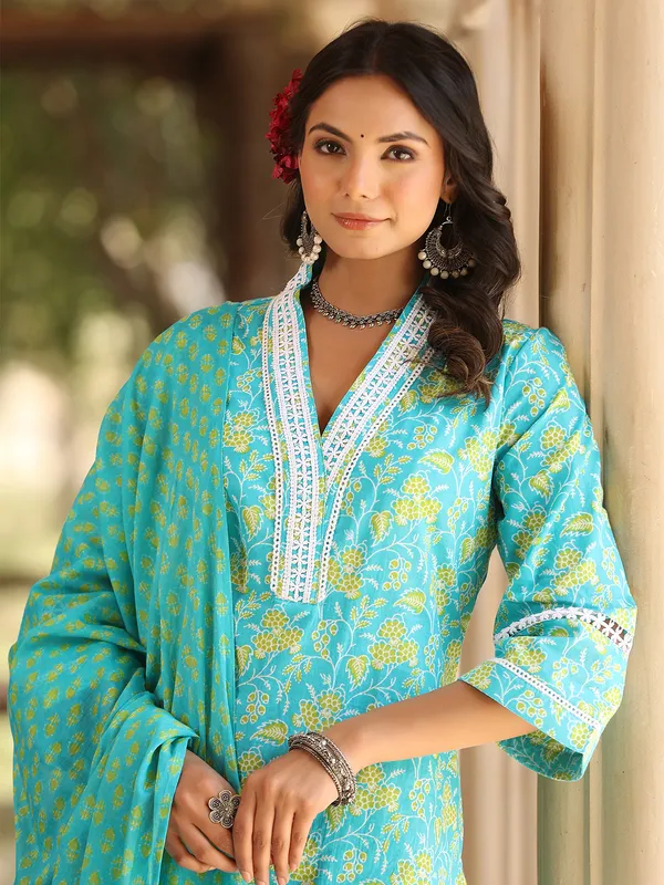 Stunning aqua cotton printed kurti set