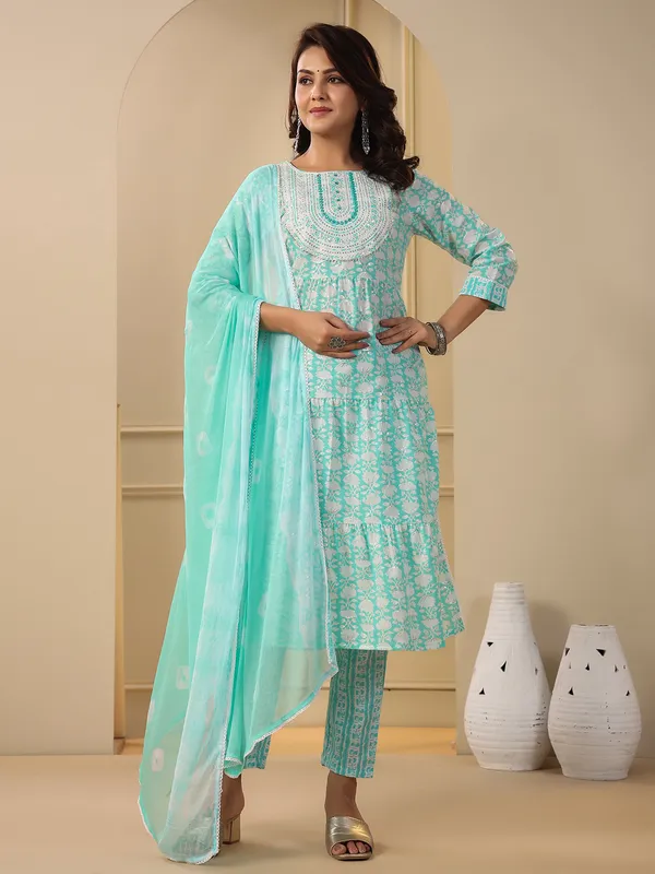 Stunning aqua printed cotton kurti set
