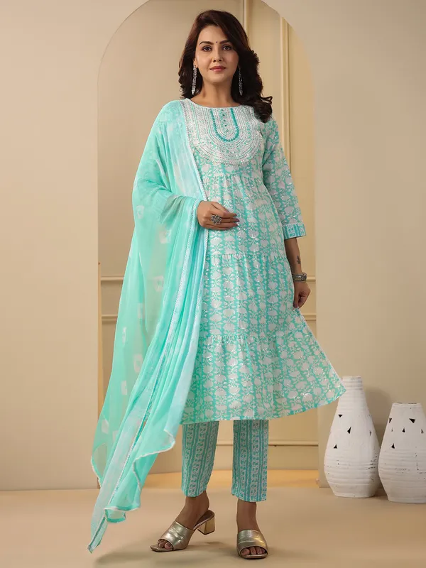 Stunning aqua printed cotton kurti set