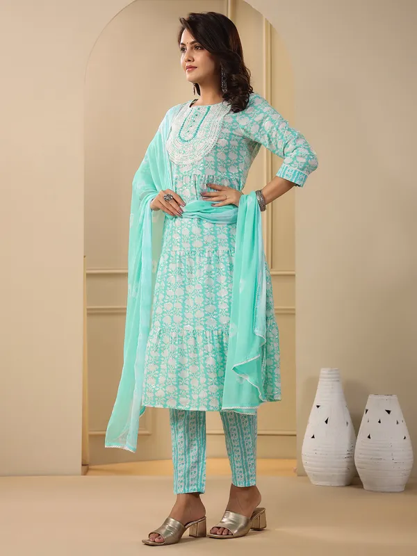 Stunning aqua printed cotton kurti set