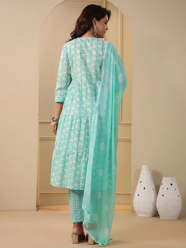 Stunning aqua printed cotton kurti set