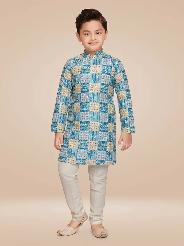 Stunning aqua silk printed kurta suit