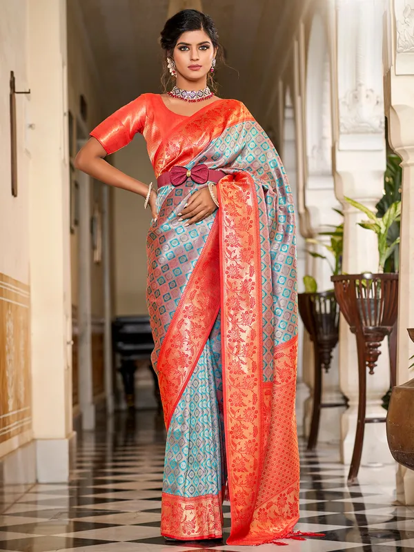 Stunning aqua silk saree for wedding