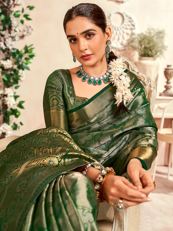 Stunning banarasi silk green saree for festive