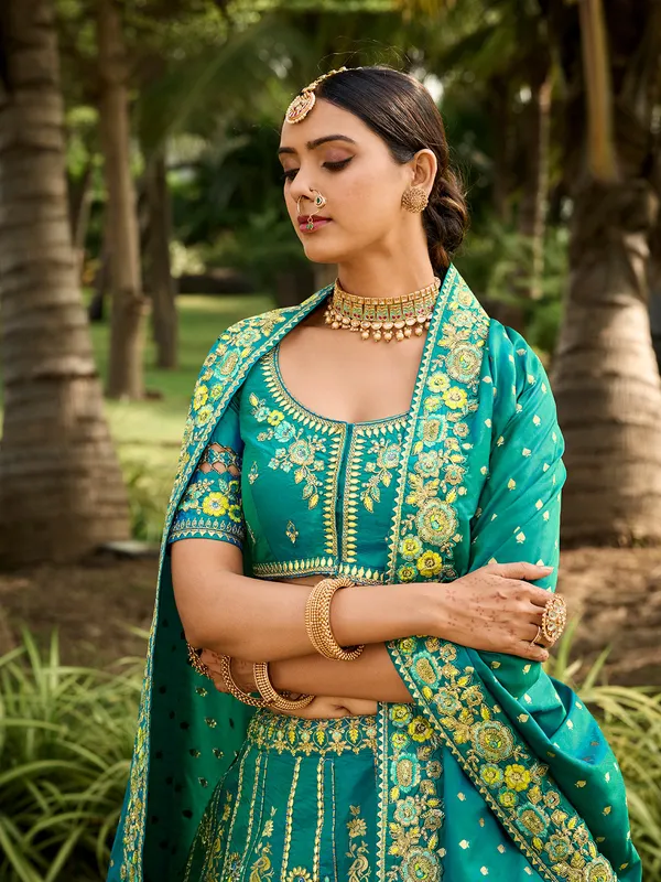 Stunning banarasi silk rama blue unstitched lehenga choli