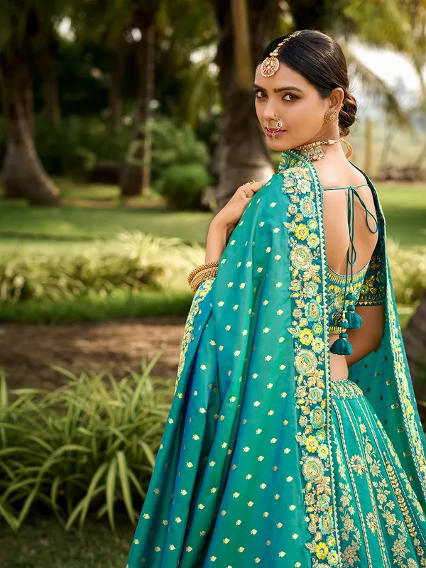 Stunning banarasi silk rama blue unstitched lehenga choli