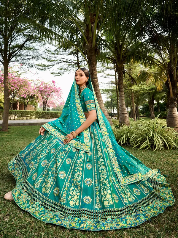 Stunning banarasi silk rama blue unstitched lehenga choli