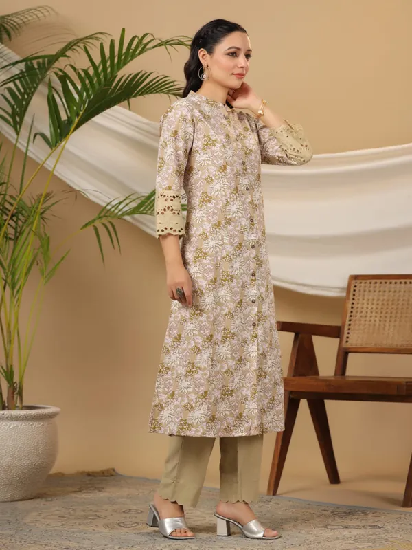 Stunning beige cotton printed kurti