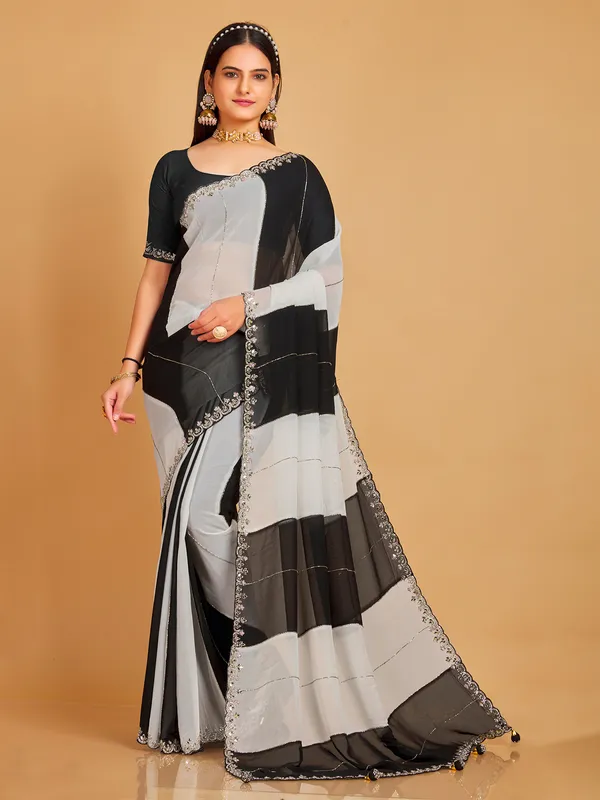 Stunning black and white georgette saree