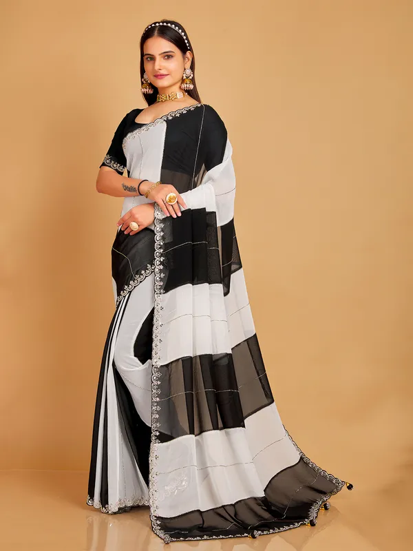 Stunning black and white georgette saree