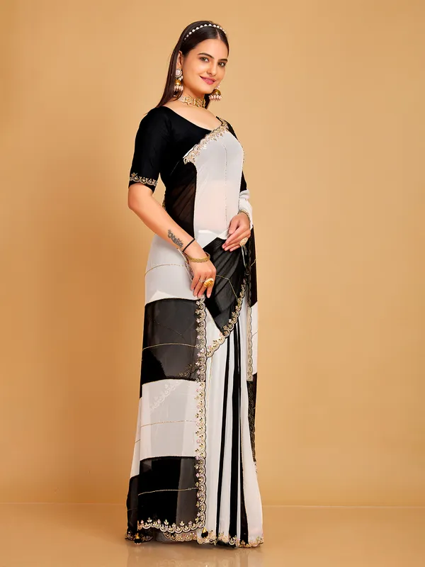 Stunning black and white georgette saree