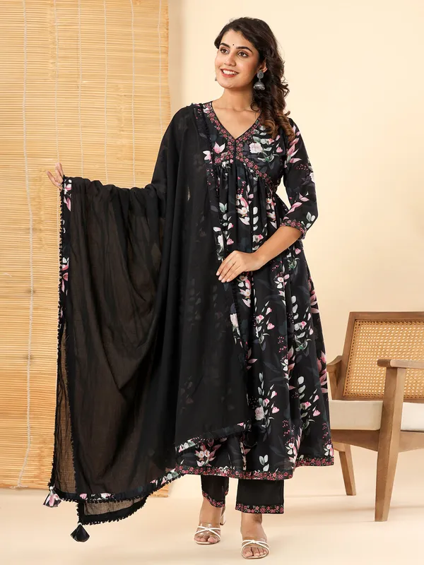 Stunning black cotton printed kurti set