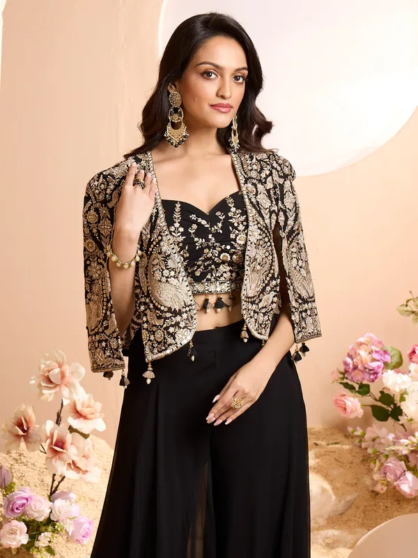 Stunning black cotton silk jacket style palazzo suit