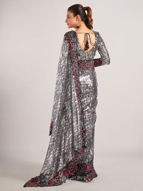 Stunning black net with sequins saree