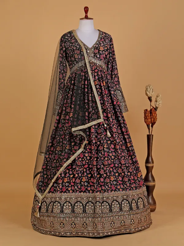 Stunning black printed silk anarkali suit