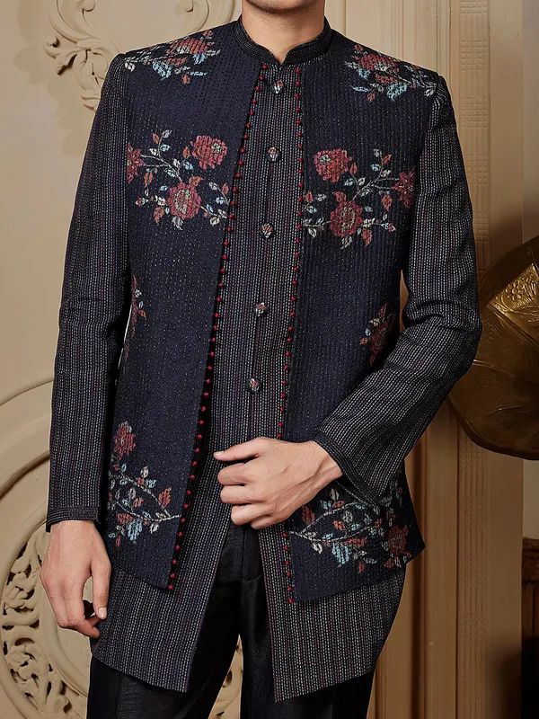 Stunning black raw silk Semi-Indowestern for men
