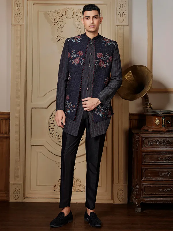 Stunning black raw silk Semi-Indowestern for men