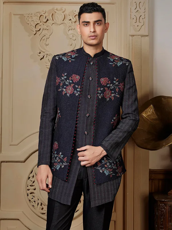 Stunning black raw silk Semi-Indowestern for men