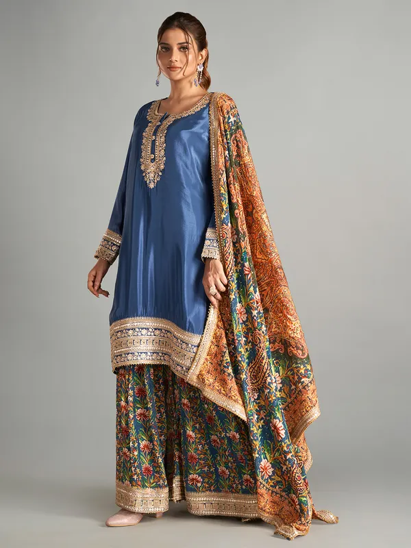 Stunning blue chiffon palazzo salwar suit