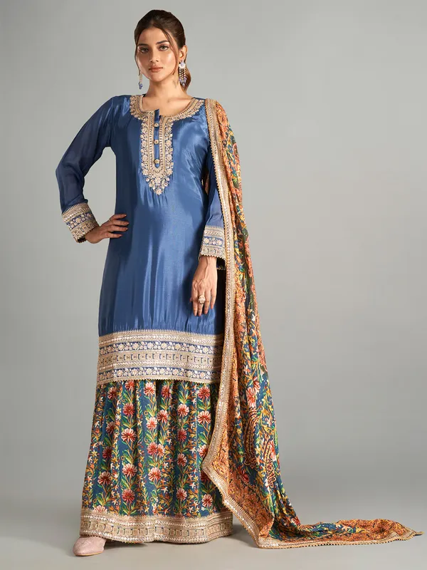 Stunning blue chiffon palazzo salwar suit