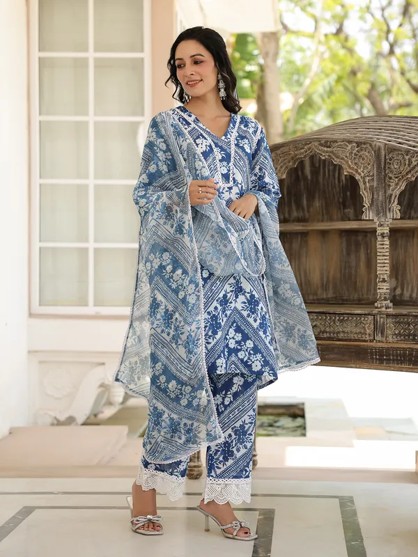 Stunning blue cotton printed kurti set