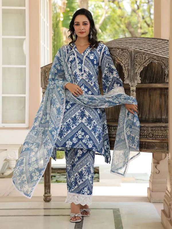 Stunning blue cotton printed kurti set