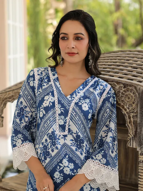 Stunning blue cotton printed kurti set