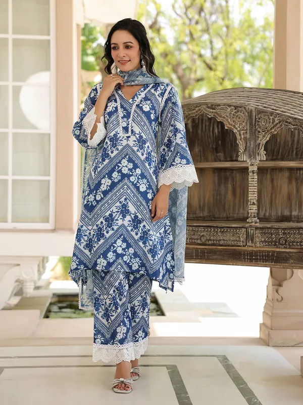 Stunning blue cotton printed kurti set