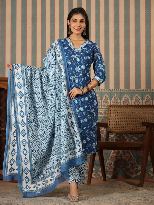 Stunning blue floral printed kurti set